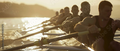 A rowing team in sync, harnessing the golden sunrise over calm waters