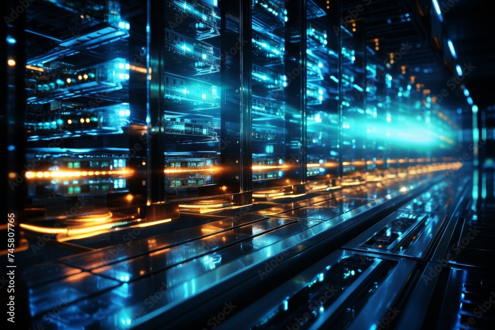 Modern data center interior with rows of secure server racks in a ...