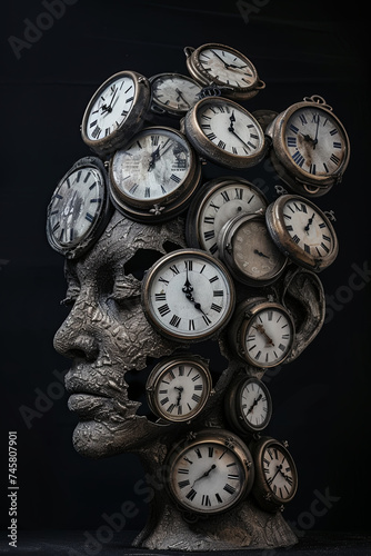 Time Management in Business: Clocks Shaped as a Human Head, Signifying the Pressure of Scheduling