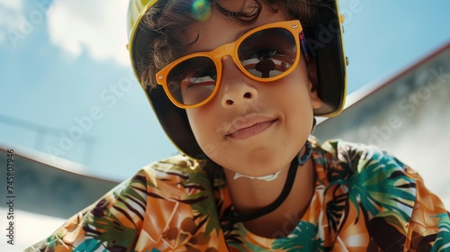 Young child wearing a helmet and sunglasses smiling with a playful expression set against a bright sunny sky.