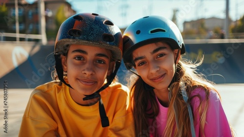 Two young girls wearing helmets smiling at the camera standing in front of a skate park.