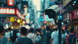 A surveillance camera in a busy street using facial recognition technology to monitor the population