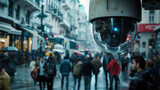 A surveillance camera in a busy street using facial recognition technology to monitor the population