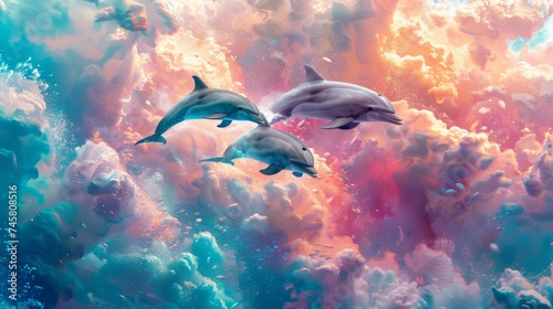 A surreal underwater scene with dolphins swimming through a kaleidoscopic ocean, vibrant colors blending like a daydream photo