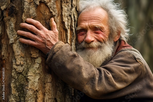 Senior man hugging a large tree trunk, symbolizing reverence for nature and advocating for forest conservation on Earth Day