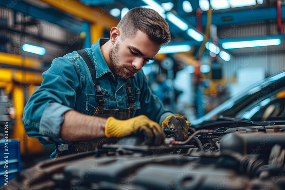 Skilled Mechanic at Work in an Automotive Garage Workshop Skilled Mechanic at Work in an Automotive Garage Workshop