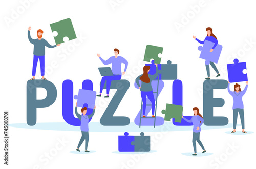 Characters people connecting puzzle elements. Business people holding the big jigsaw puzzle piece. Business concept of teamwork, coworking, crowdfunding, cooperation and collaboration vector