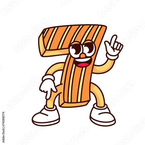 Groovy number 7 cartoon character pointing up with laugh. Funny retro laughing seven number with striped pattern, arithmetic mascot, cartoon fun math sticker of 70s 80s style vector illustration