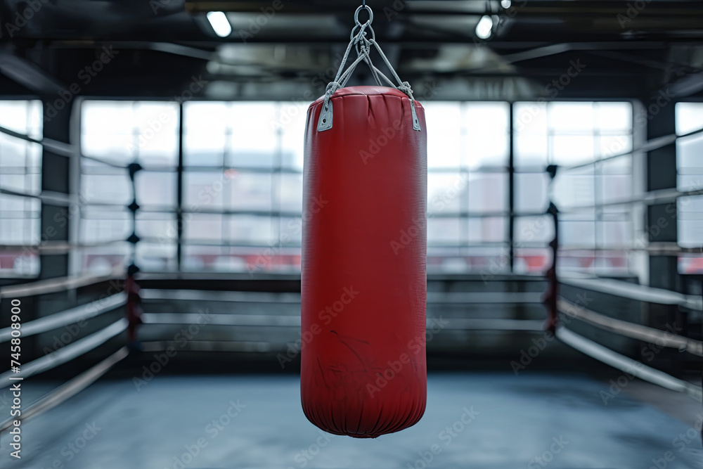 A Red Punching Bag Hanging in Front of a Boxing Ring
