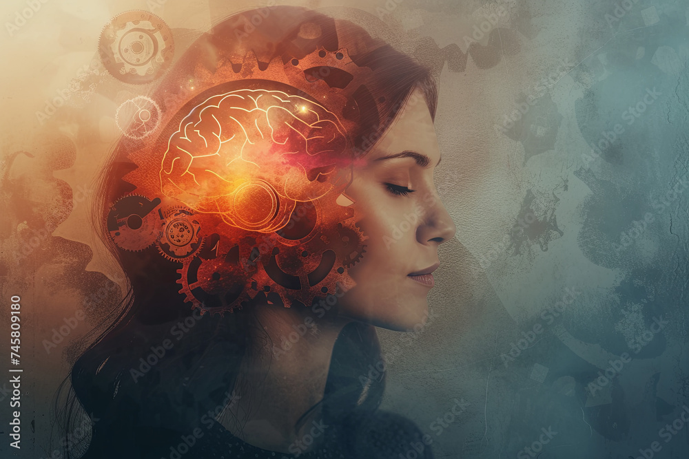 Unlocking the Mind's Potential: A Woman's Head with a Vibrant Brain Sketch Surrounded by Gears - obrazy, fototapety, plakaty 