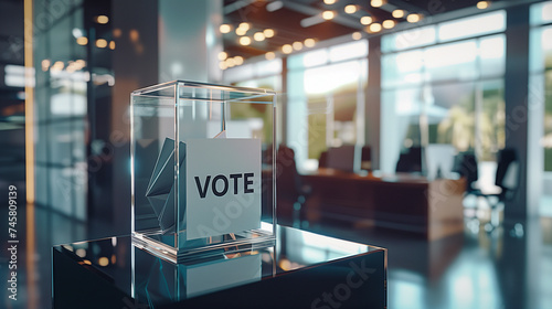 Minimalist transparent election box with ambient office lighting.