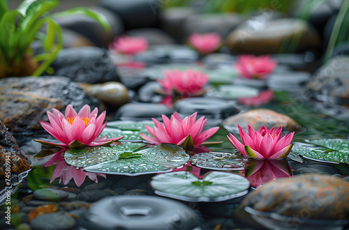 Lotus in the middle of water lilies. Created with Ai