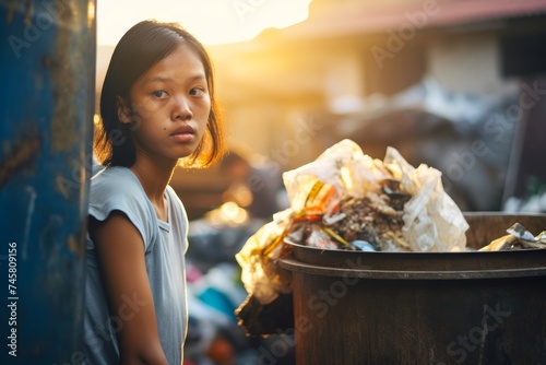 Poor Asian homeless girl with squint sits near the garbage to find something for herself