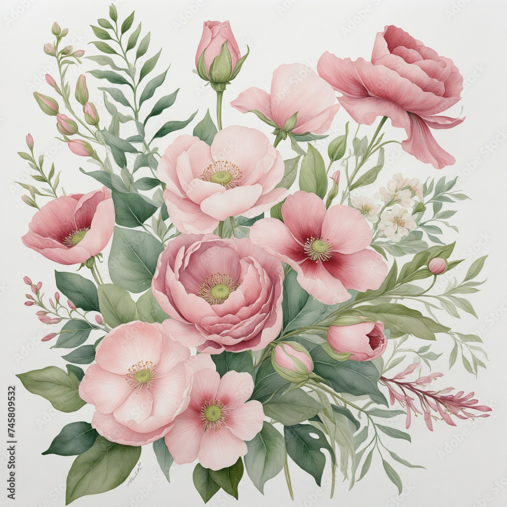 A delicate watercolor painting of a floral arrangement with blush blooms, and foliage on a white background