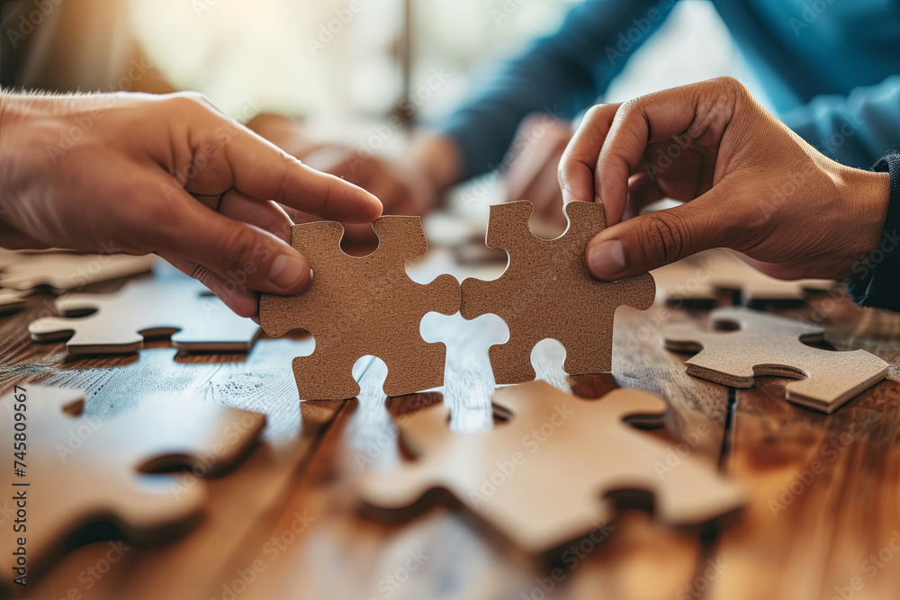Teamwork and Unity: A Business Team Meeting with Jigsaw Puzzle Pieces Symbolizing Collaboration Teamwork and Unity: A Business Team Meeting with Jigsaw Puzzle Pieces Symbolizing Collaboration