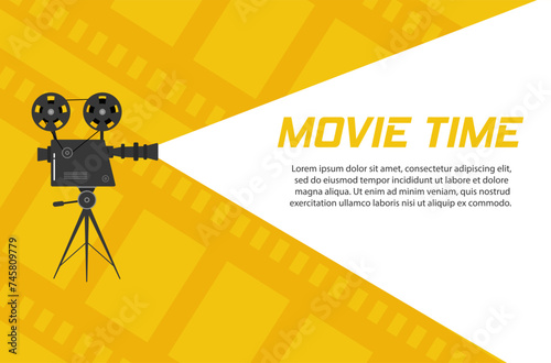 Set of old movie cinema projectors on a tripod. Hand-drawn sketch of an old cinema projectors in monochrome, isolated on white background. Template for banner, flyer or poster. Vector illustration