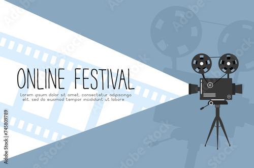 Set of old movie cinema projectors on a tripod. Hand-drawn sketch of an old cinema projectors in monochrome, isolated on white background. Template for banner, flyer or poster. Vector illustration