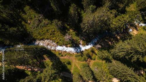 Aerial photo by drone of the Rosière lake and the forest in Courchevel in the Tarentaise valley in France