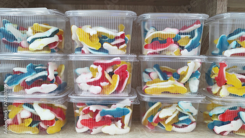 Colorful sweets candies displayed at a food market