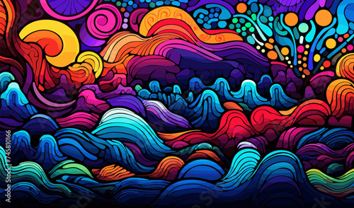 abstract colorful doodle art design, vivid dreamscape pattern seamless background texture vector