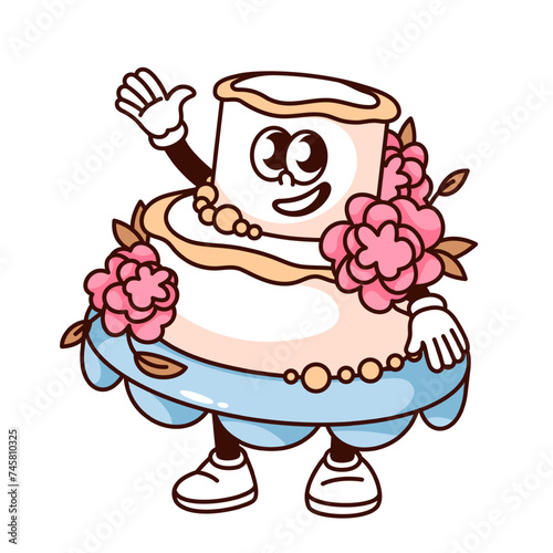Groovy wedding cake cartoon character greeting with hand up and smile. Funny retro dessert with layers of cream waving, wedding celebration mascot, cartoon sticker of 70s 80s style vector illustration
