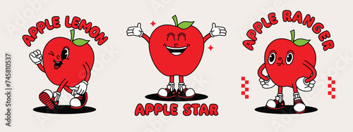 Apple retro mascot with hand and foot. Fruit Retro cartoon stickers with funny comic characters and gloved hands.