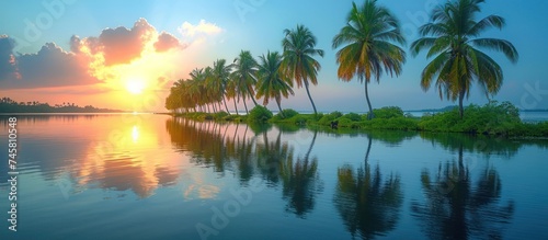 Rows of palm trees reflect in water-filled rice fields