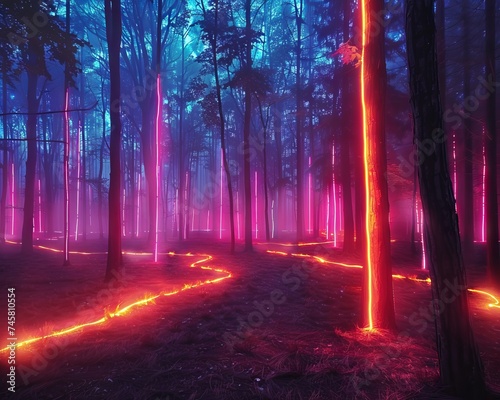 Dark forests transformed into neon lit jungles an eerie blend of nature and advanced luminescent technology
