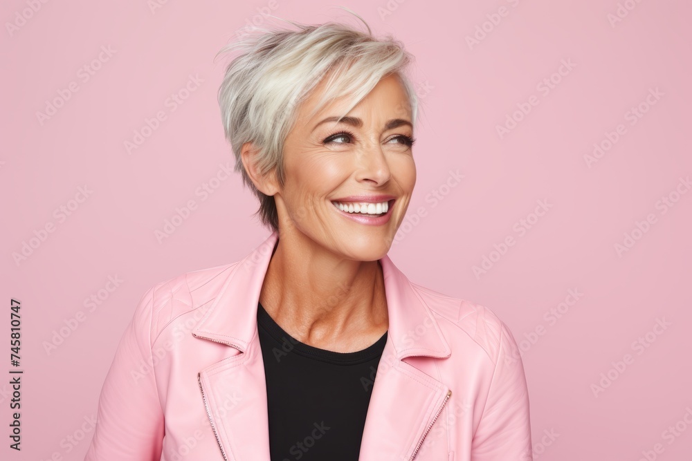 Happy mature businesswoman in pink jacket looking at camera over pink background Happy mature businesswoman in pink jacket looking at camera over pink background