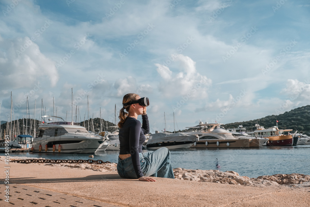 Travel,woman packing luggage in suitcase and travel in VR glasses nature,virtual reality exercise, immersive workout,VR travel planning solo trip eco friendly,travel banner and packing suitcase. Travel,woman packing luggage in suitcase and travel in VR glasses nature,virtual reality exercise, immersive workout,VR travel planning solo trip eco friendly,travel banner and packing suitcase.