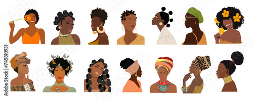 Set of Abstract woman portraits. Black Girl faces with stylish afro haircut and modern accessories isolated on transparent background. Beauty logo, avatars, wall art, posters, stickers.