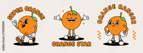 Orange retro mascot with hand and foot. Fruit Retro cartoon stickers with funny comic characters and gloved hands.