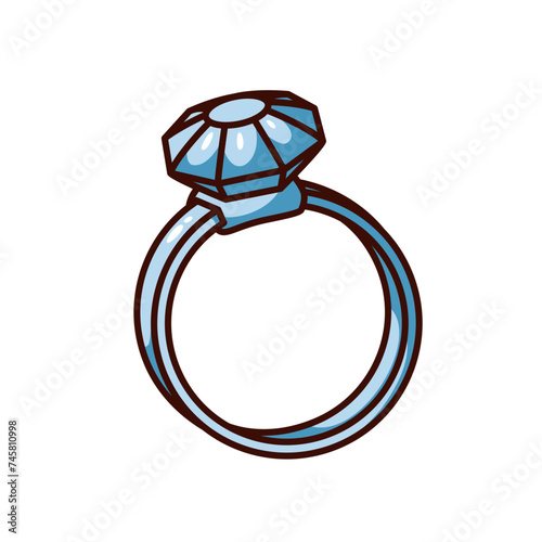 Groovy cartoon ring with big diamond sticker. Funny retro luxury wedding ring gift with gem for bride, marriage or engagement mascot, cartoon proposal emoji of 70s 80s style vector illustration