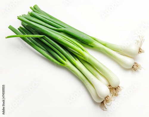 Top view of group of green scallions with shadows on white background © Jaroslav Machacek