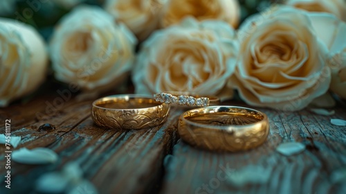 ring bands lying on a table with whire roses photo