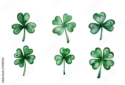 Set of clover leaves, St Patrick's day, isolated on transparent background.