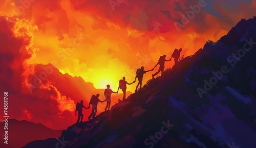 A breathtaking scene unfolds as a team of individuals clasp hands, their silhouettes outlined against the vivid hues of a mountain sunset. Together, they navigate rugged terrain