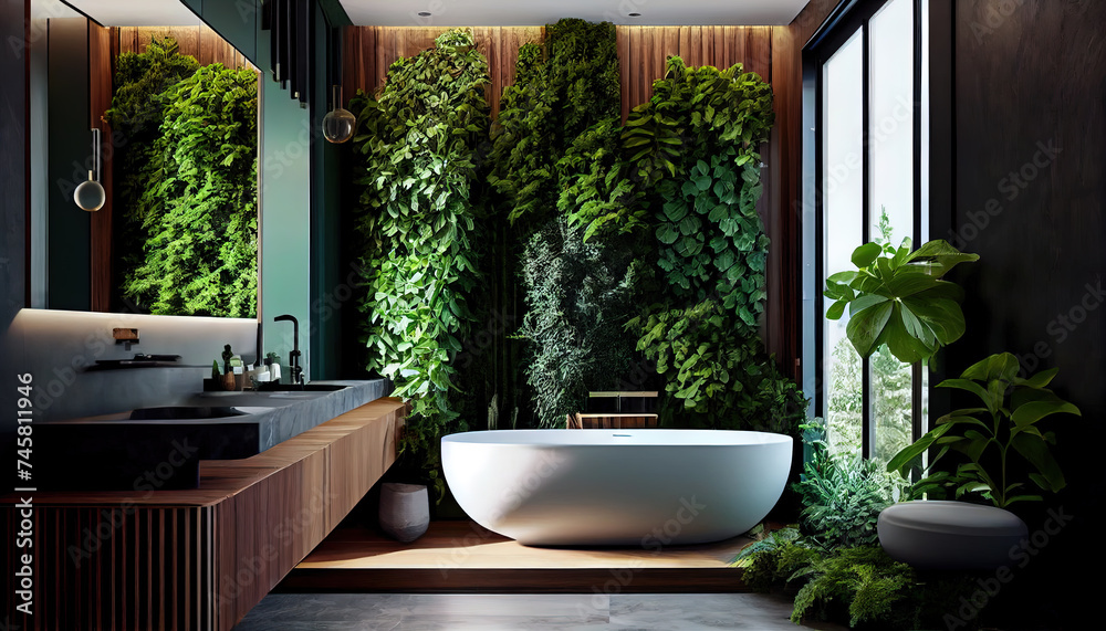 Modern bathroom with a wooden accent wall. Ai generated Modern bathroom with a wooden accent wall. Ai generated