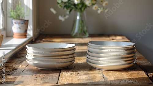  empty clean plates and cups on white background at kitchen table 