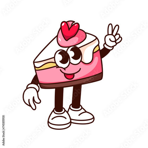 Groovy wedding cake piece cartoon character with V fingers. Funny retro cheesecake slice with peace and love hippie gesture, dessert mascot, cartoon cake sticker of 70s 80s style vector illustration
