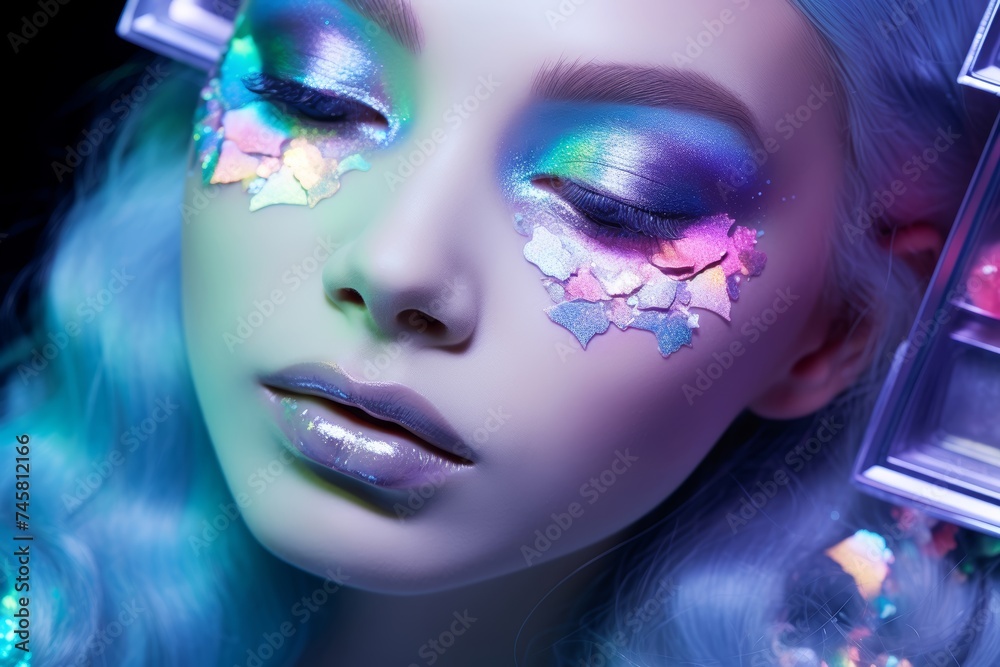 
Holographic makeup palette with iridescent eyeshadows and highlighters for creating ethereal beauty looks