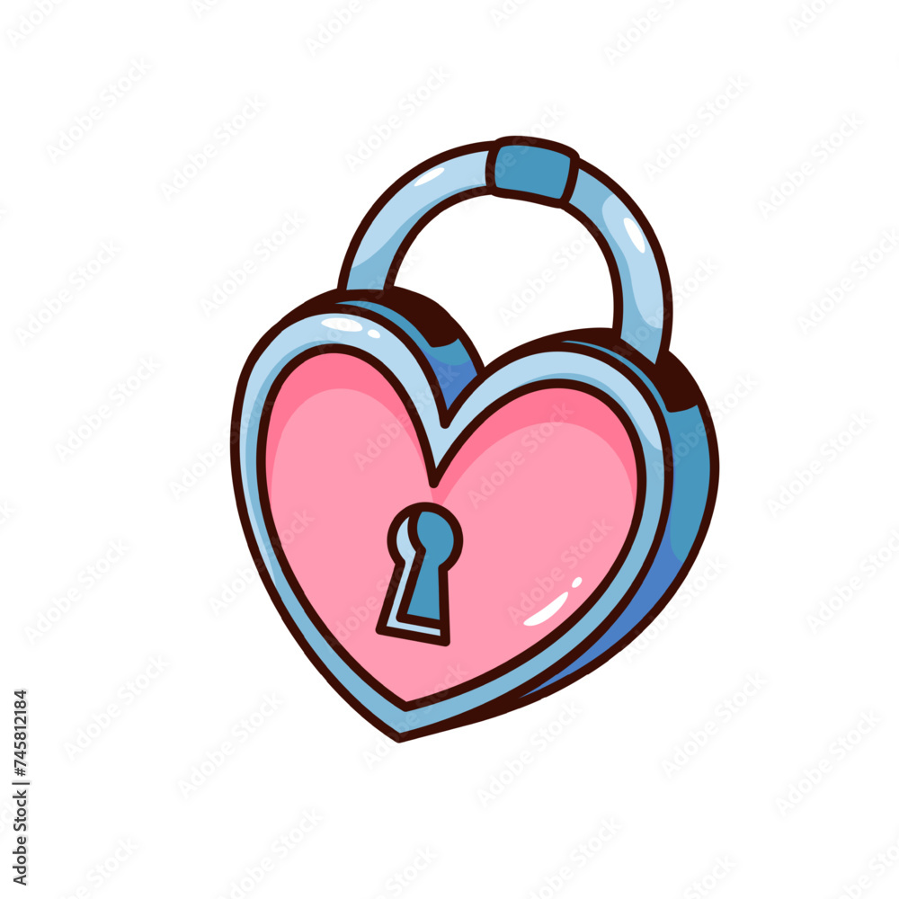 Groovy lock cartoon character with heart shape. Funny retro closed padlock with keyhole, romance, love and relationship mascot. Cartoon pink and blue lock sticker of 70s 80s style vector illustration Groovy lock cartoon character with heart shape. Funny retro closed padlock with keyhole, romance, love and relationship mascot. Cartoon pink and blue lock sticker of 70s 80s style vector illustration