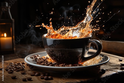 Hot coffee and black cup spilling coffee in a black cup in rustic wood style dark , generative IA