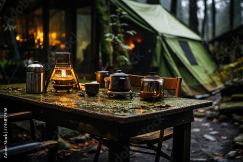 Hot coffee at the table with a tent forest made by artificial iaintelligence, generative IA