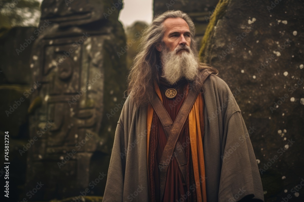 Naklejka premium Middle-aged Druid priest holding a ceremony amidst the ancient stones of a mystical Irish ruin