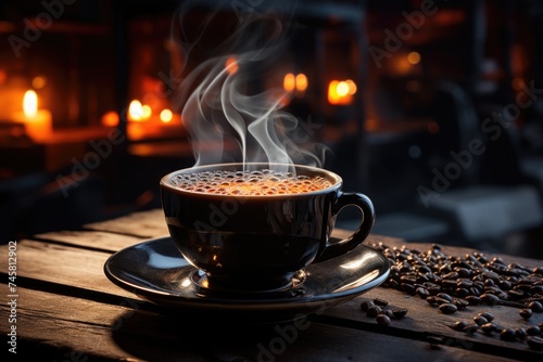 Delicious steaming hot coffee on the wooden table with black background, generative IA