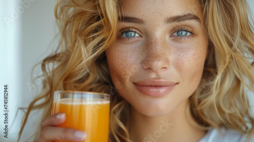  a happy girl holding fresh orange juice