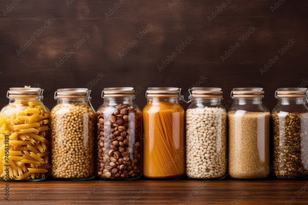 Assorted grains and pasta in glass jars on wooden shelf. Pantry Essentials in Glass Jars Assorted grains and pasta in glass jars on wooden shelf. Pantry Essentials in Glass Jars