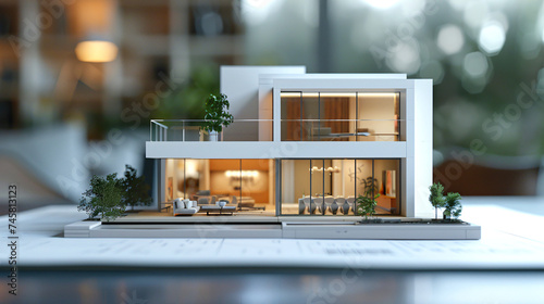 Architect's vision: realistic modern house model on architectural plan
