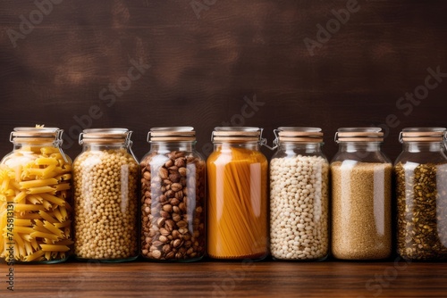 Assorted grains and pasta in glass jars on wooden shelf. Pantry Essentials in Glass Jars
